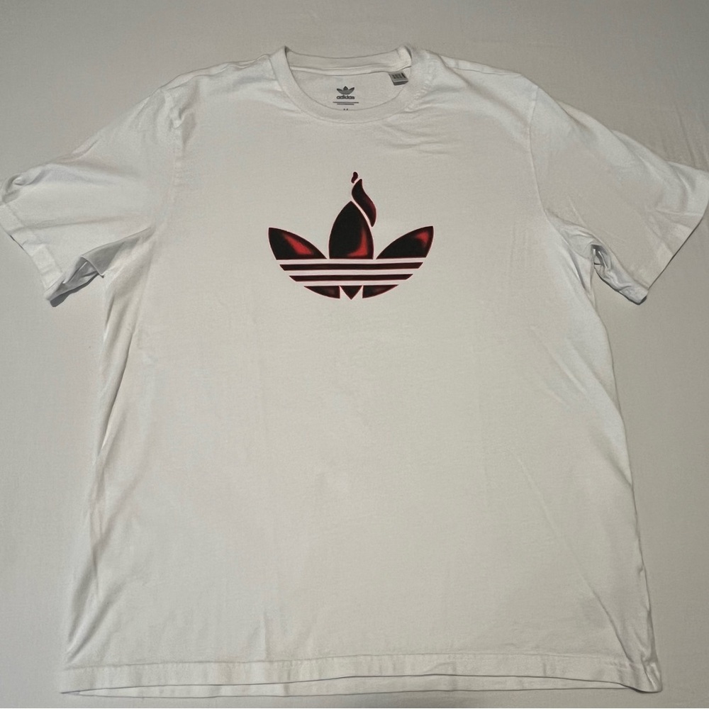 Adidas White Tee with Black and Red Trefoil